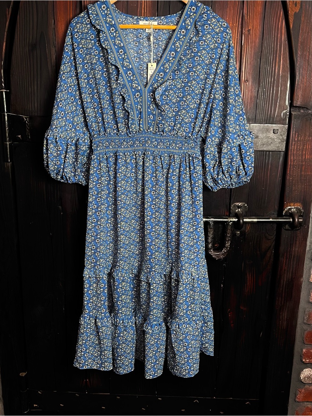Max Studio Blue Floral Smocked Midi Dress